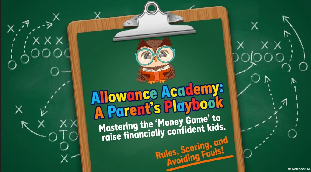 Allowance Academy: A Parent's Playbook — chalkboard clipboard with friendly owl mascot and the tagline Rules, Scoring, and Avoiding Fouls