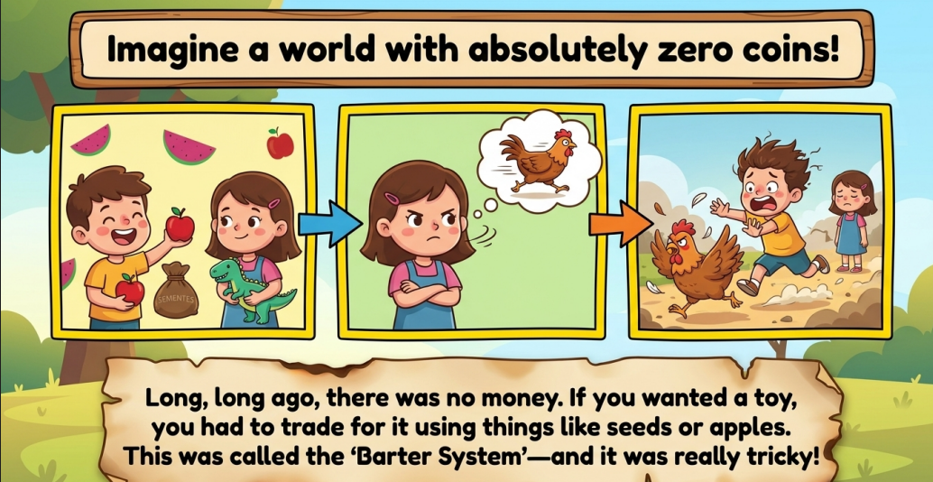 Storybook illustration: three panels showing the barter system — children swapping seeds and apples for toys before money was invented.
