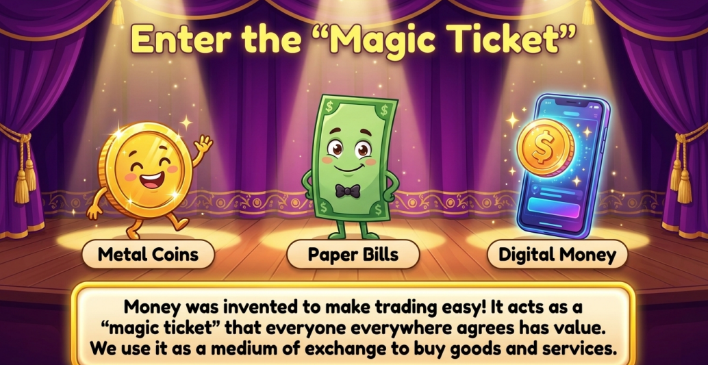 Illustration: three smiling money characters on a stage — a gold coin, a green dollar bill and a phone with digital money — labeled Metal Coins, Paper Bills and Digital Money.
