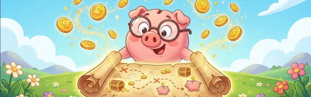 First Coins: Money Basics for Little Learners — friendly pig mascot with floating gold coins above a treasure-map illustration