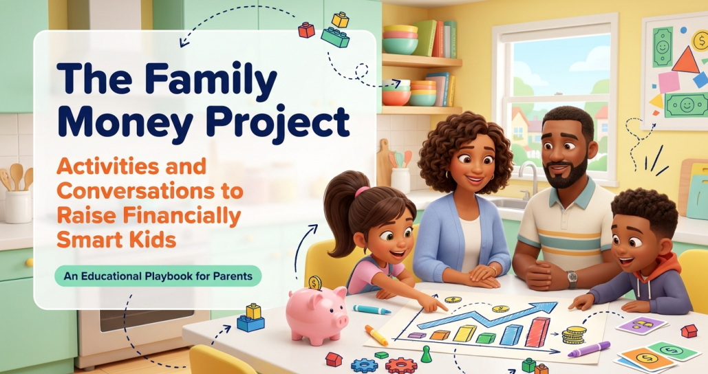 The Family Money Project — an illustrated family at the kitchen table with a piggy bank, money jars, and colorful charts