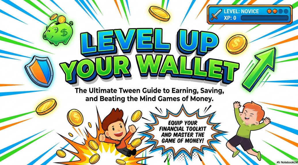 Level Up Your Wallet — a vibrant comic-book style cover with a kid character, gold coins, a piggy bank and a gaming HUD reading LEVEL: NOVICE XP: 0